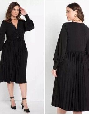 Eloquii Knot Front Pleated Skirt Dress Black Stretch Jersey Knit Long